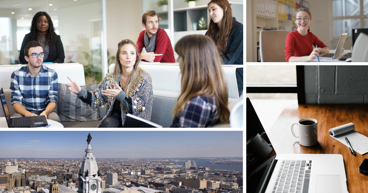 Photo collage of workplace meeting person smiling at a computer birds eye view of downtown Philidelphia and closeup of laptop pen and paper coffee mug sittin on a desk