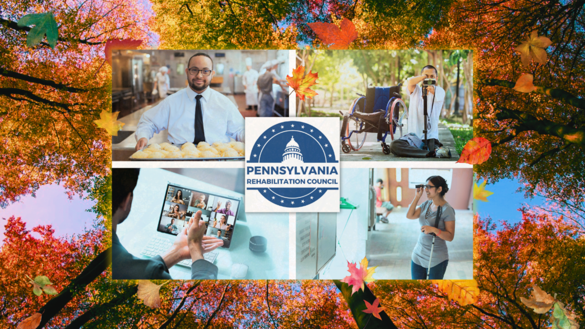 Autumn leaves and trees in the background with photo collage of people working and the PaRC logo in the foreground surrounded by falling leaves