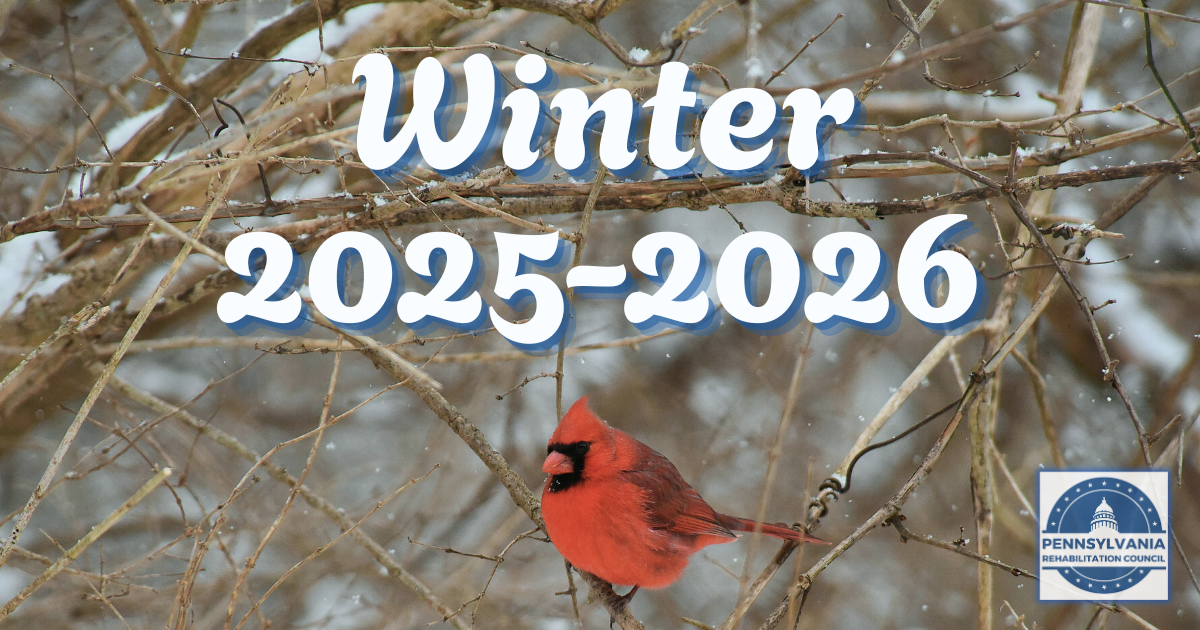 White text Winter 2025 2026 in front of a winter photo of a red cardinal perched on a branch