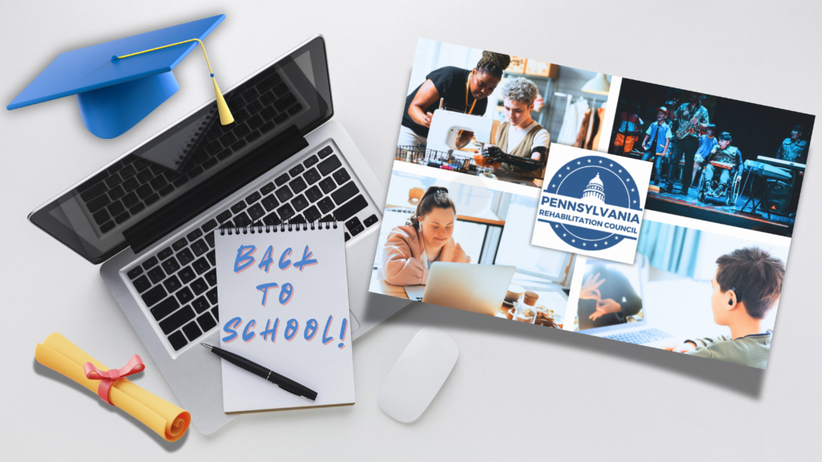 Photo collage of students with PaRC logo beside a laptop diploma graduation cap and notebook with the text Back to school