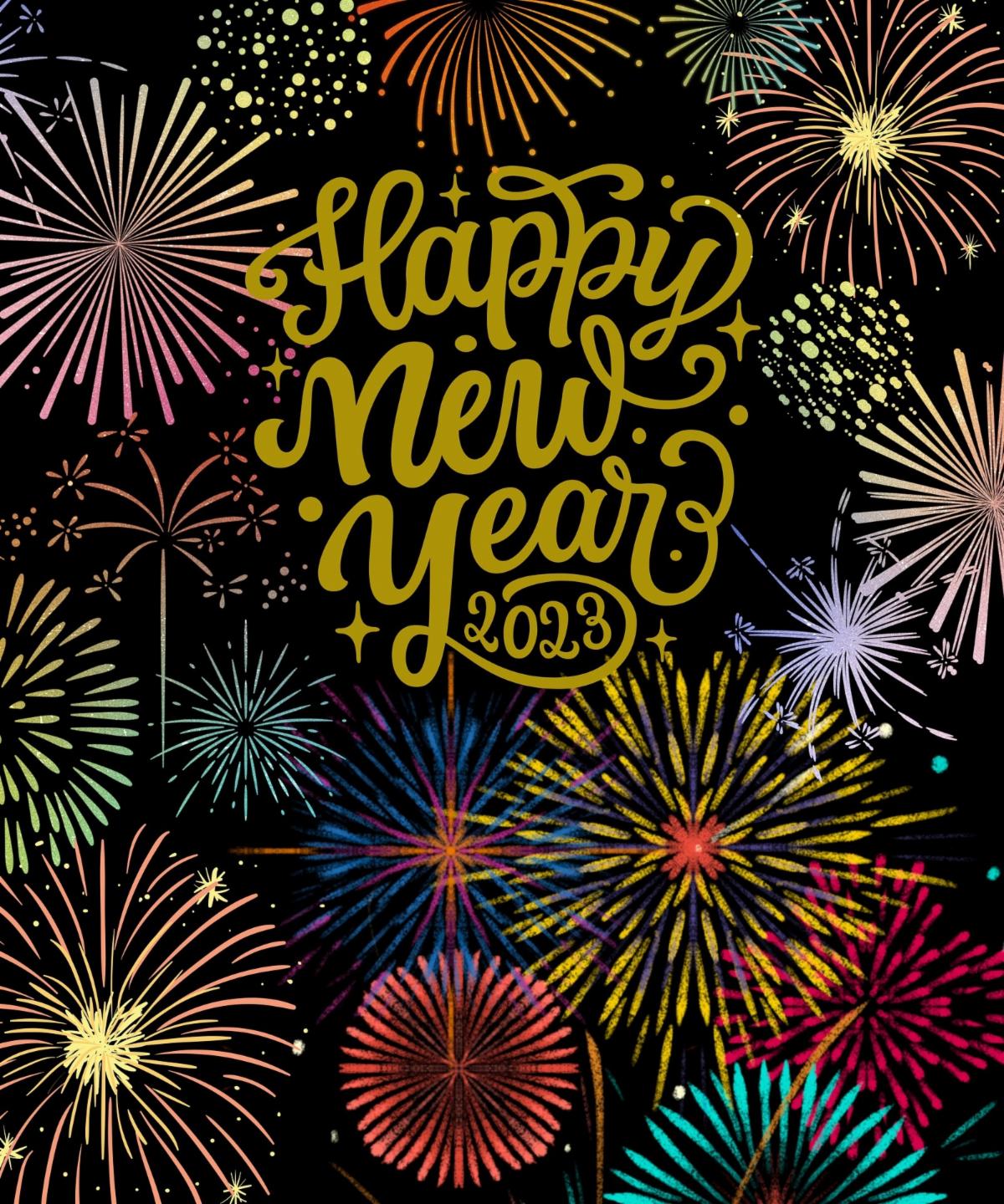 Golden cursive writing with the text Happy New Year 2023 surrounded by colorful fireworks