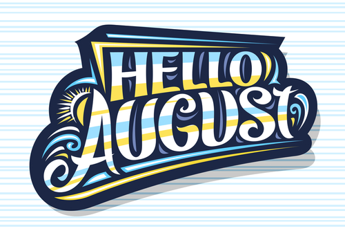 Lettering Hello August_ dark decorative badge with curly calligraphic font_ illustration of sun and sea waves_ summer time concept with hand written words hello august on striped background.