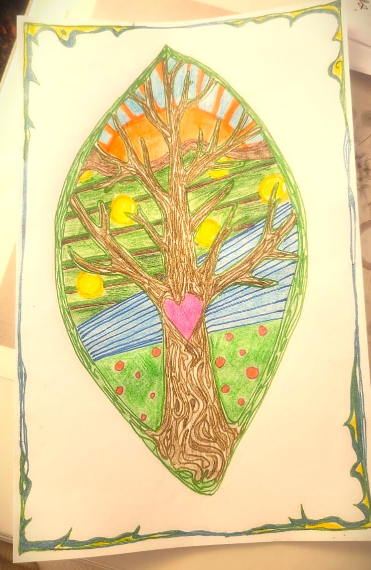 Author's drawing of a beautiful tree with the sun in the background.