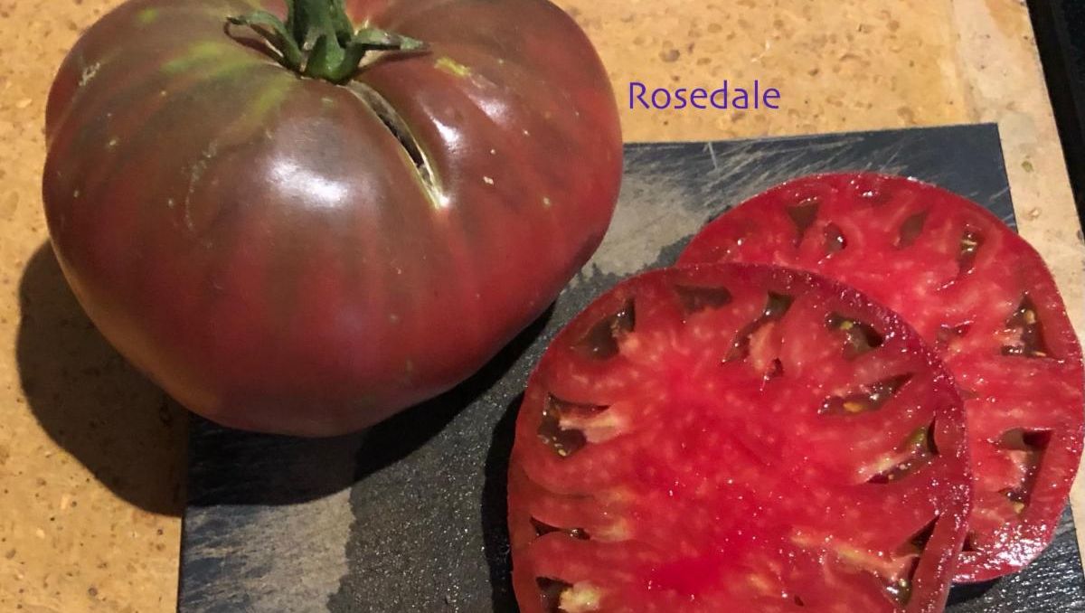 Photo of one whole Rosedale tomato and one sliced.