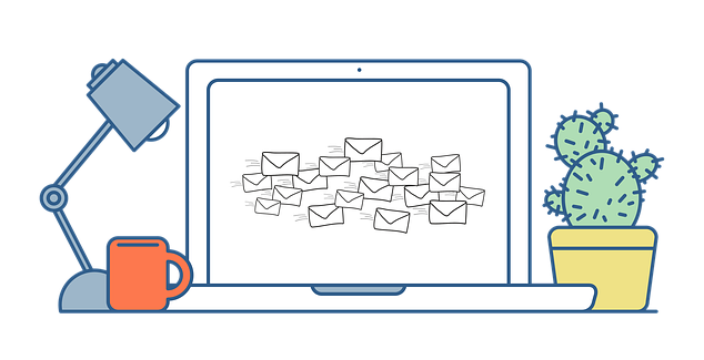 Illustration of a computer screen with flying email envelopes.