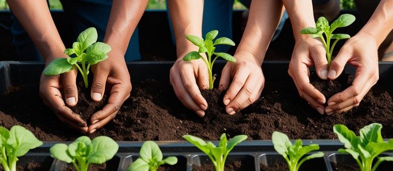 Image of three sets of hands planting vegetables
