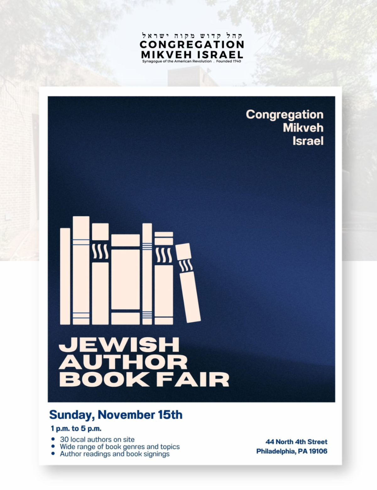 Jewish Author Book Fair at Congregation Mikveh Israel: Sunday, November 15, 1–5 PM
