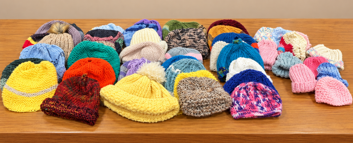 Colorful hand-knitted hats made by Har Zion’s Shul Stitchers for Ukrainian orphans