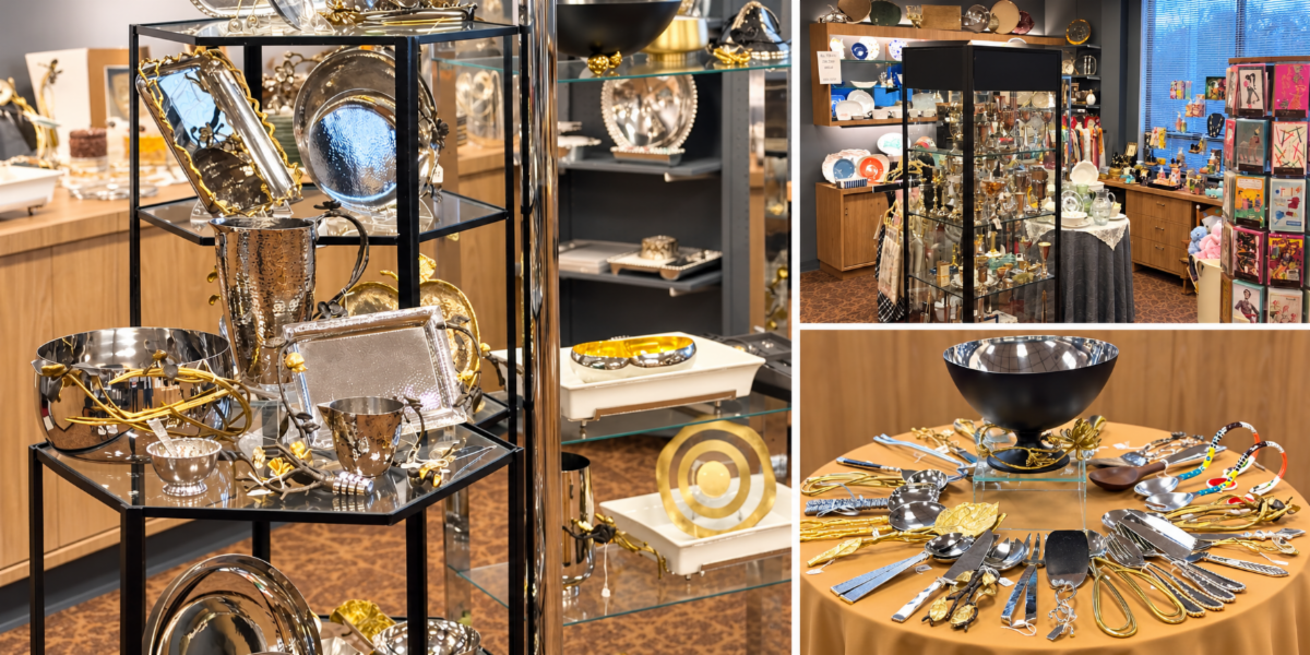 A selection of Judaica, silver and gold serving pieces, and gifts at the Landau Gift Box