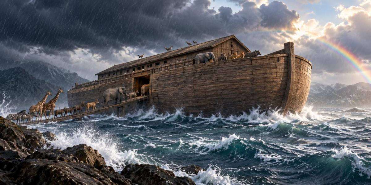 Noah’s Ark beneath storm clouds and a rainbow