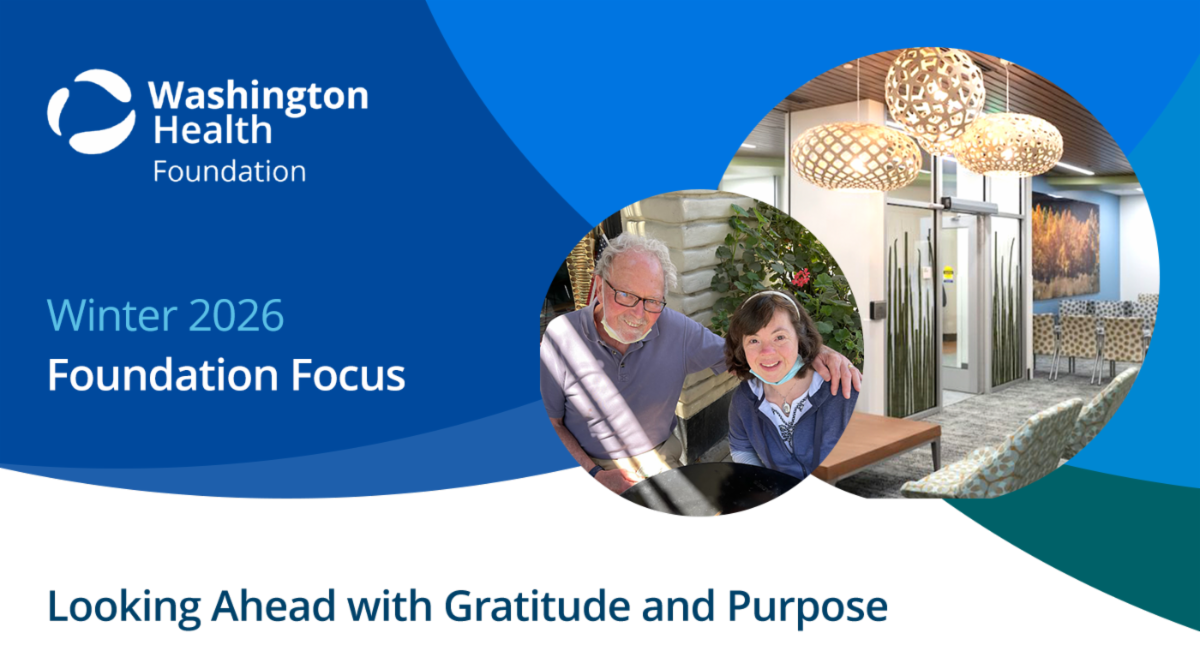 Winter 2026 Foundation Focus | Looking Ahead with Gratitude and Purpose | 2 circle images of Gordan G. and Cancer Center Lobby