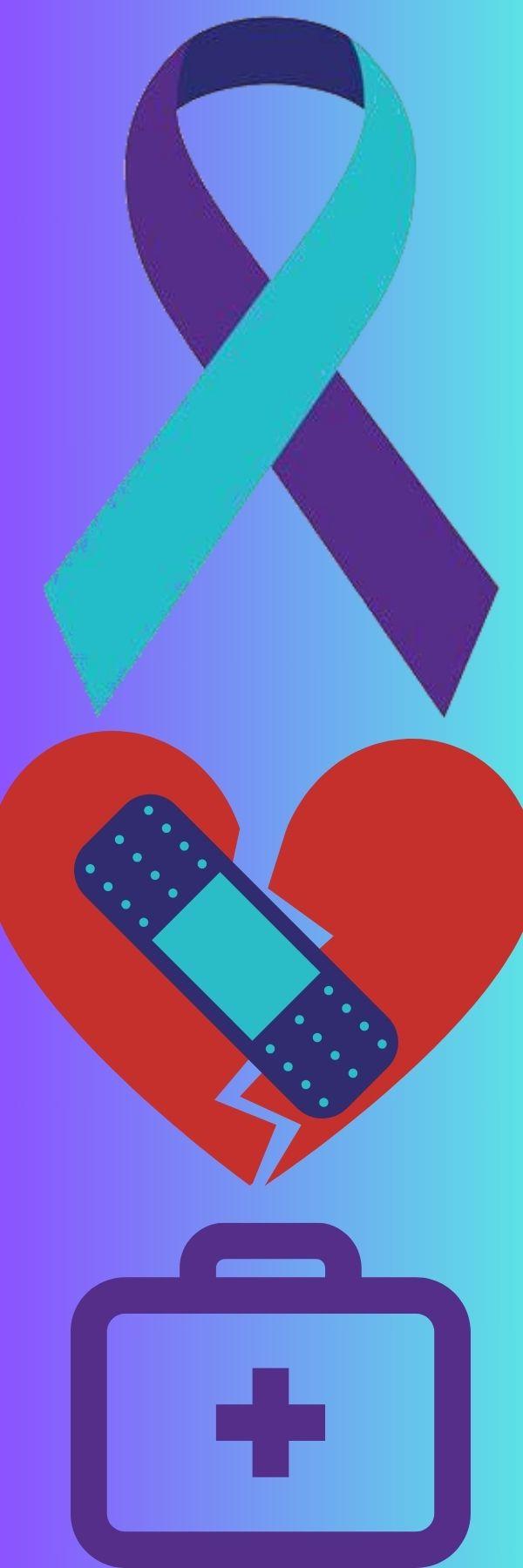 suicide prevention ribbon bandaged broken heart and first aid kit symbol