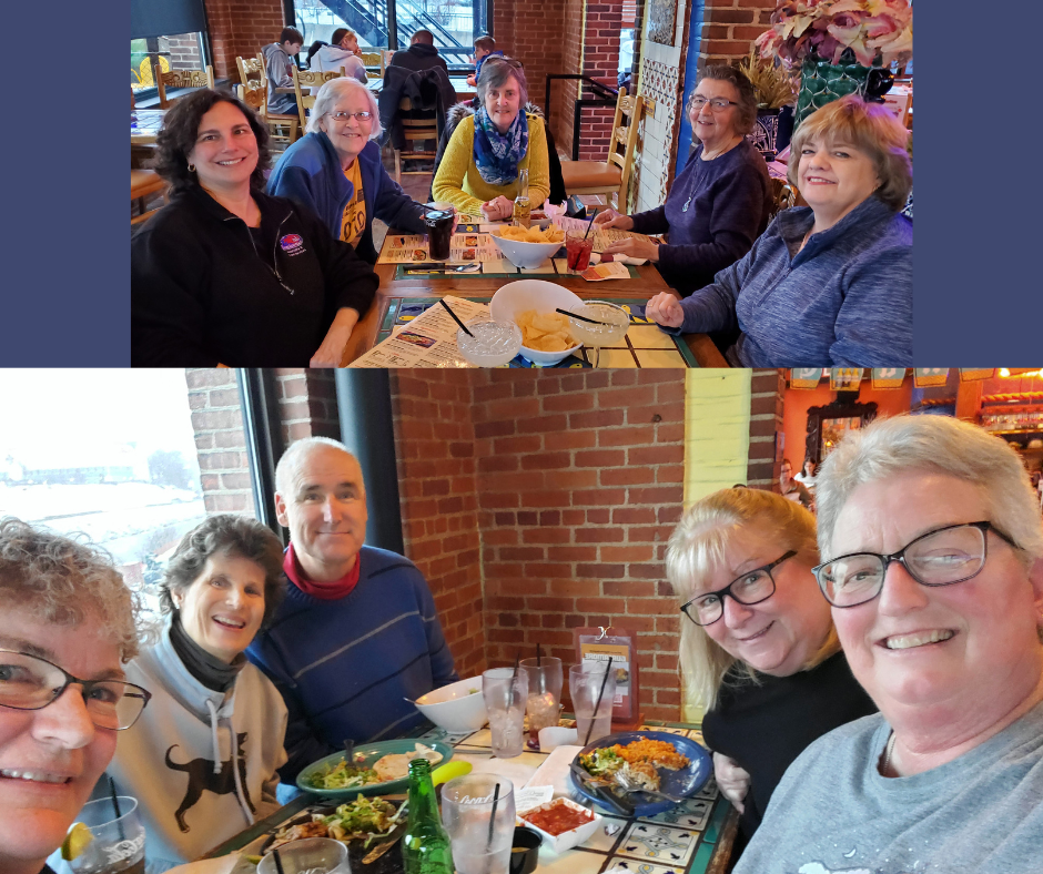 two groups of smiling people at a Mexican restaurant