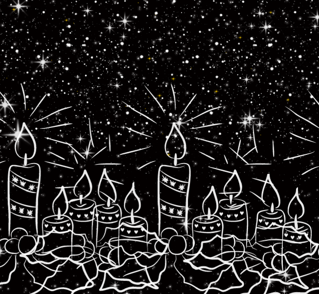 white candles and stars on black background
