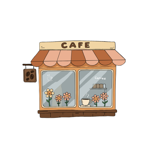 cafe storefront with flowers in the window