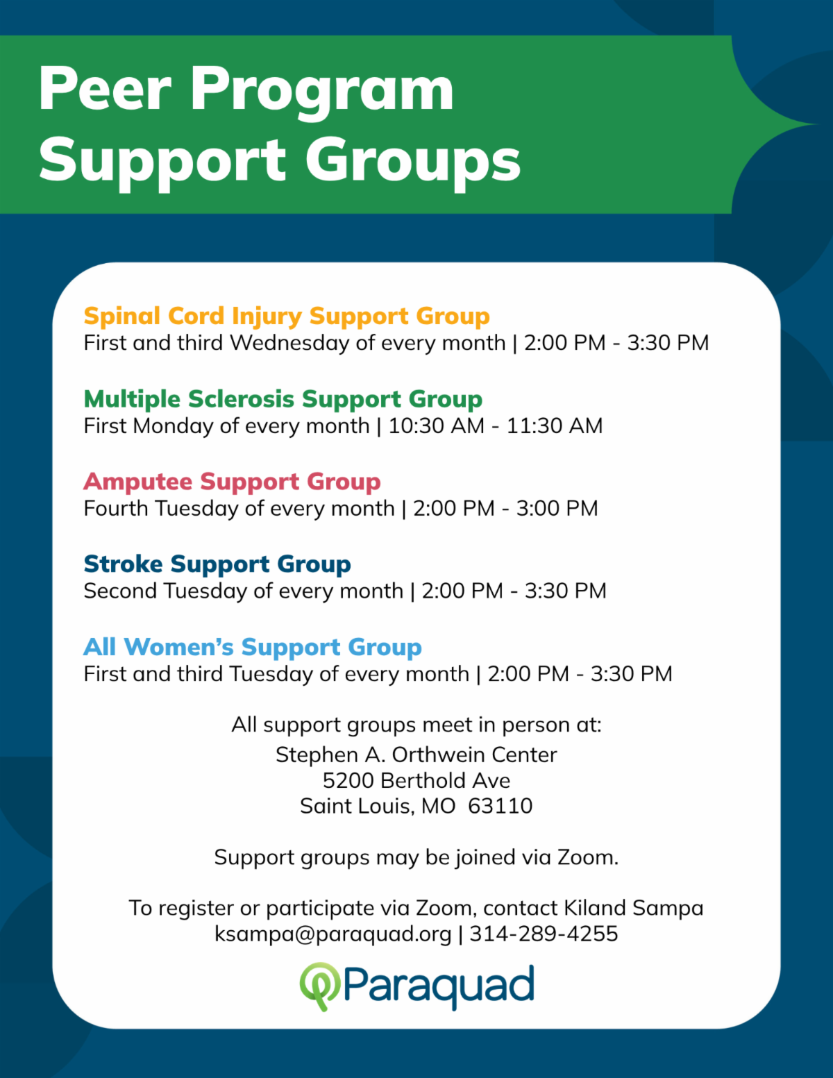 Flyer titled ‘Peer Program Support Groups’ listing monthly support groups for spinal cord injury, multiple sclerosis, amputees, stroke survivors, and women, with meeting times and location at Paraquad.