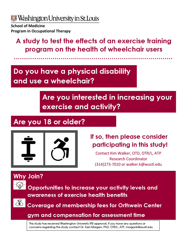 Flyer from Washington University in St. Louis School of Medicine, Program in Occupational Therapy, recruiting participants for a study on the effects of an exercise training program for wheelchair users. It asks if you have a physical disability, use a wheelchair, are interested in increasing activity, and are age 18 or older. Includes contact information for the research coordinator and notes benefits such as increased activity, awareness of exercise health benefits, and coverage of Orthwein Center gym membership fees plus compensation for assessment time.