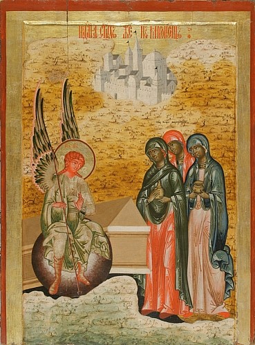 Eastern Orthodox icon of the Myrrhbearing Women at the Tomb of Christ (Kizhi, Russia, 18th century) / Icono ortodoxo oriental de las mujeres portadoras de mirra en la Tumba de Cristo  (Kizhi, Rusia, siglo XVIII)