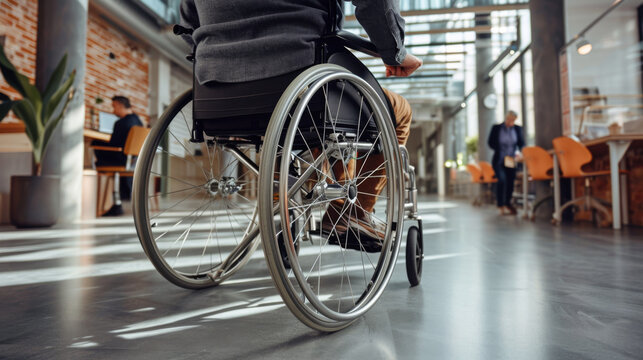 Person in wheelchair pushes chair across large room