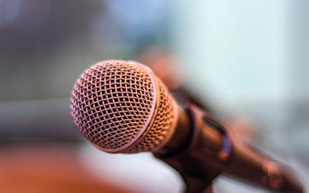 Microphone sits on a stand.