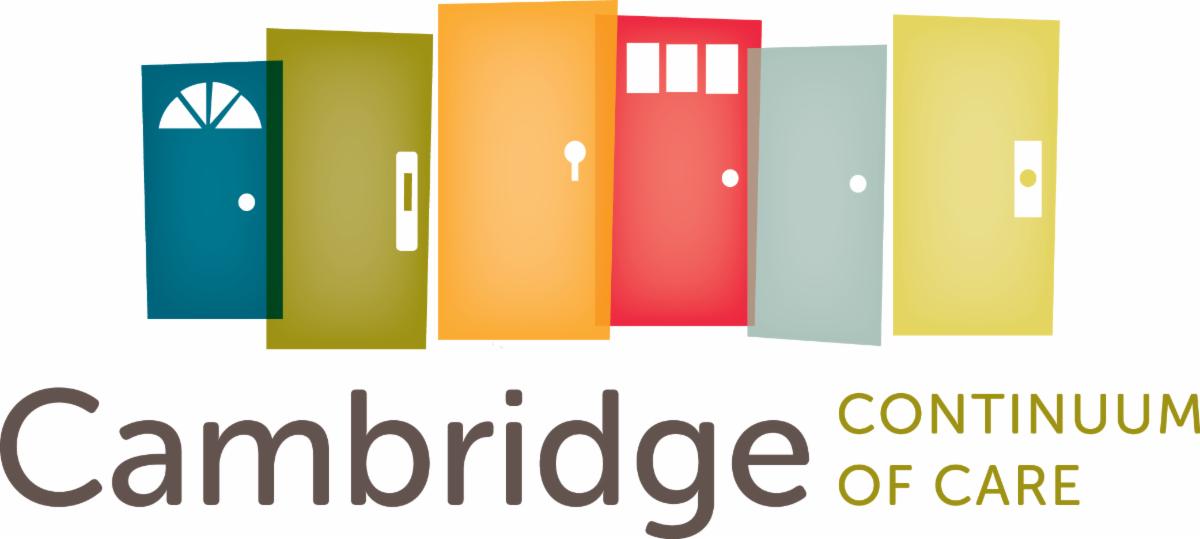 Logo for Cambridge Continuum of Care featuring illustrations of several different front doors in a variety of colors