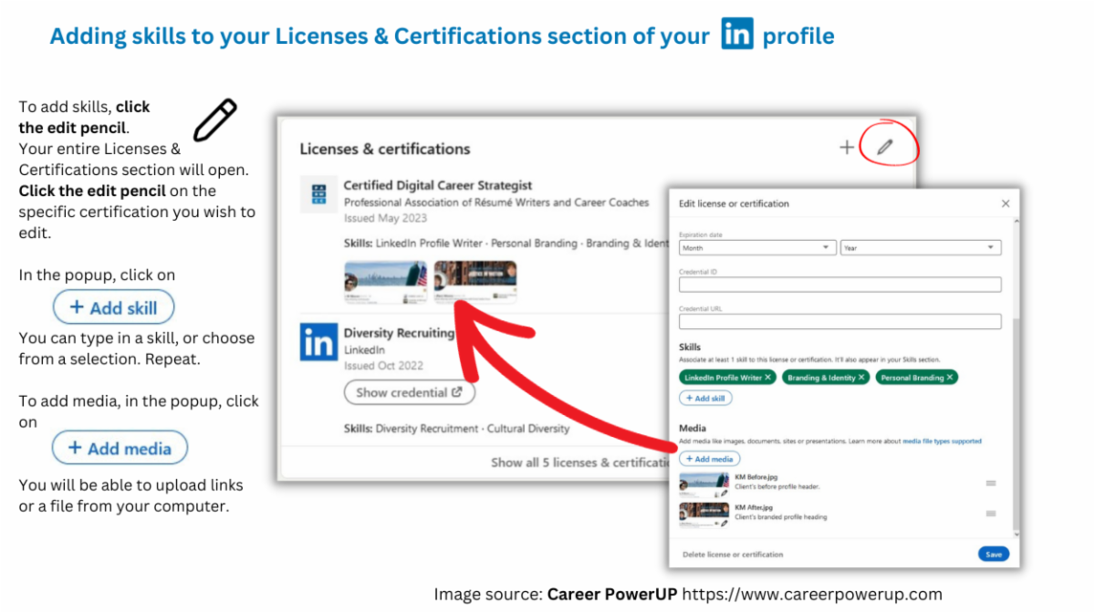 How to Add skills to licenses section of LinkedIn profile