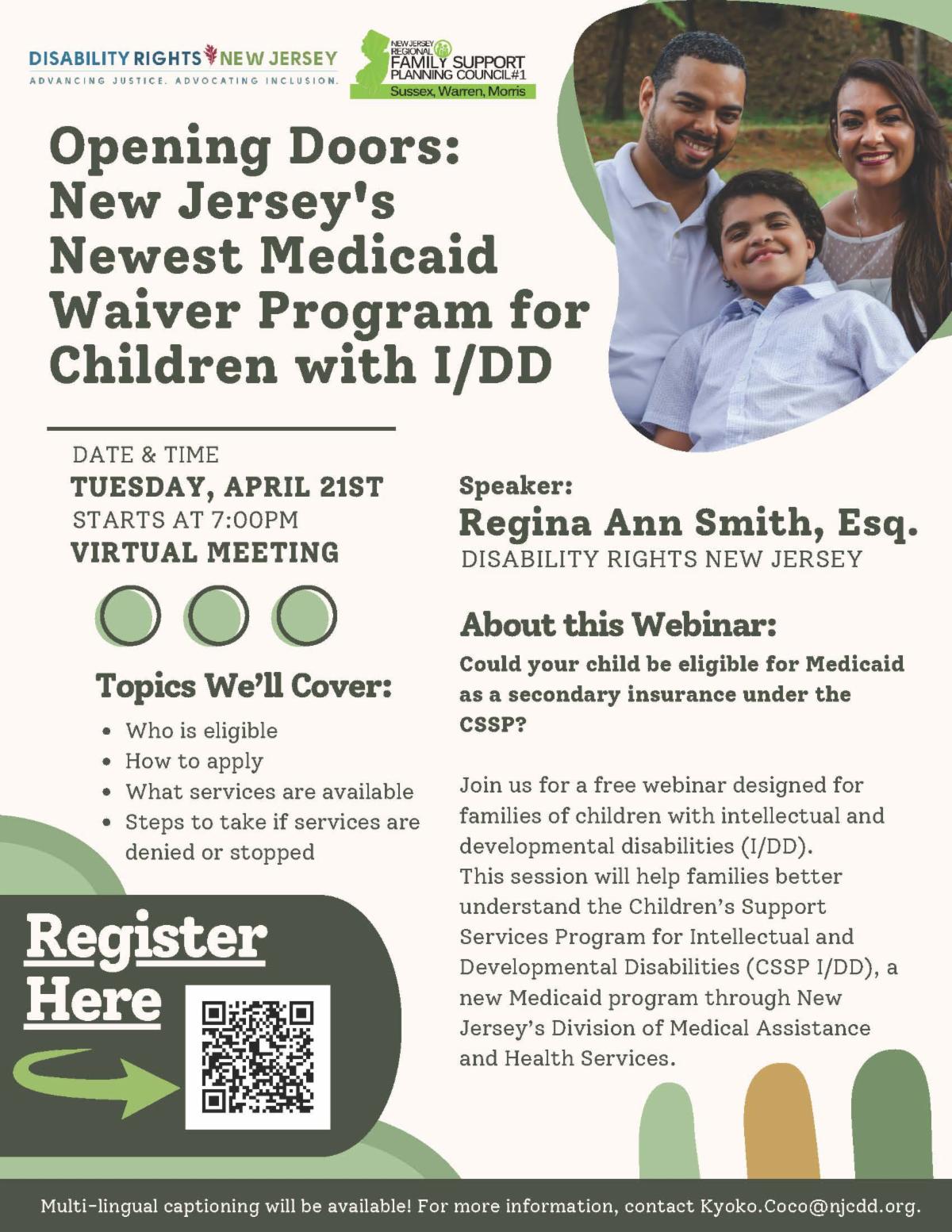 New Jersey Medicaid Waiver Program Webinar for Children with IDD flyer image