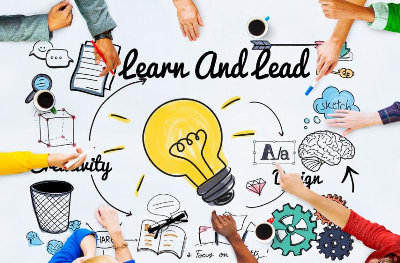 graphic entitles %22Learn and Lead%22 with images of people's hands poiting to various conceptualizations of collaboration 