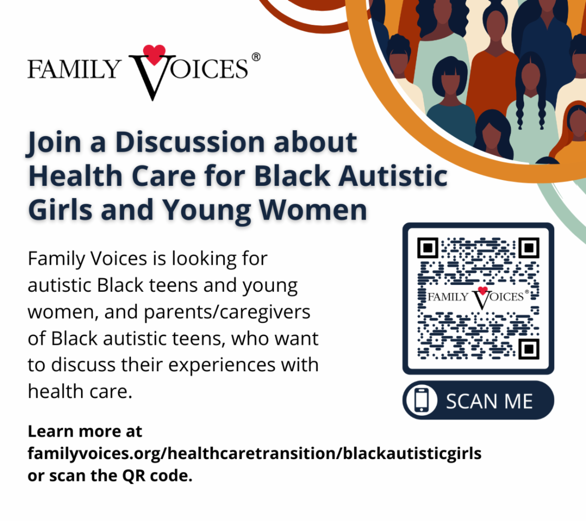 Foto del gráfico de Family Voices titulado "Únase a una discusión sobre la atención médica para niñas y mujeres jóvenes autistas negras".