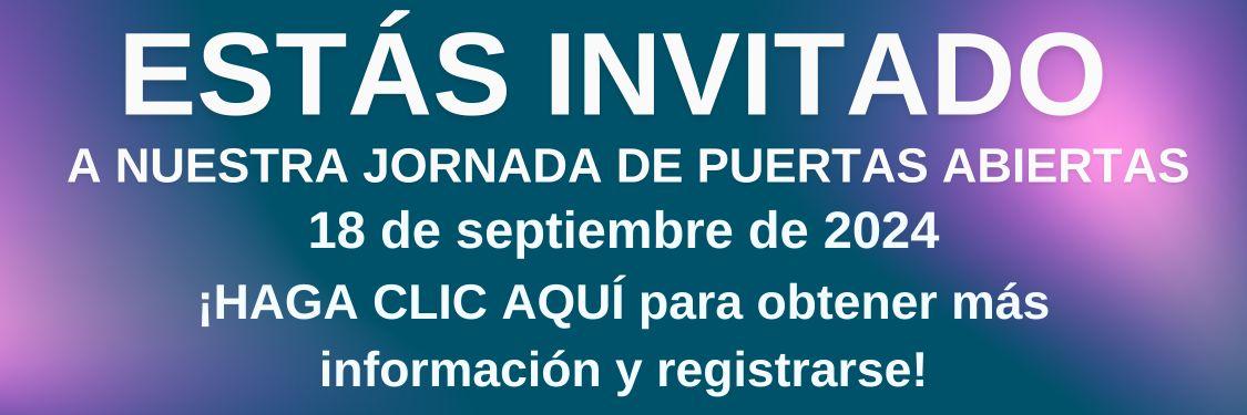 Imagen: "Estás invitado a nuestra jornada de puertas abiertas. 18 de septiembre de 2024. Haga clic aquí para obtener más información y registrarse".