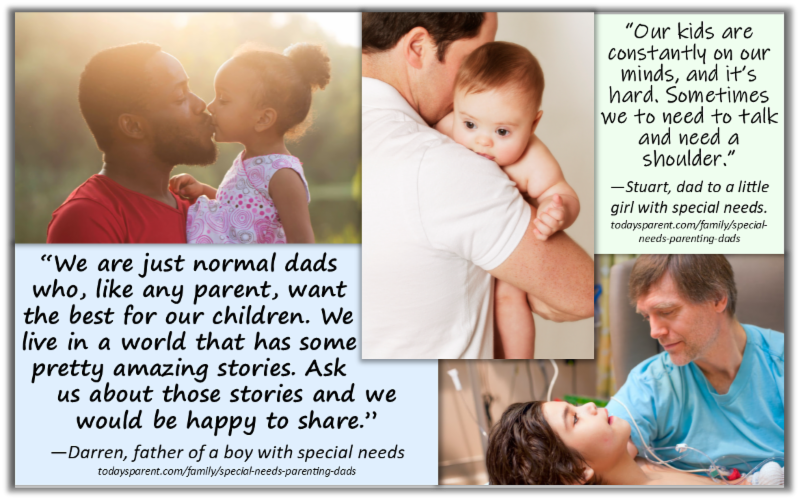 From left: father and small daughter in profile kissing, middle: father from back holding baby with down syndrome, right: father in hospital holding son with tubes having a procedure.