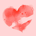 Dibujo de la mano de un ni_o que busca la mano de un adulto a trav_s de un coraz_n color rosa en acuarela.