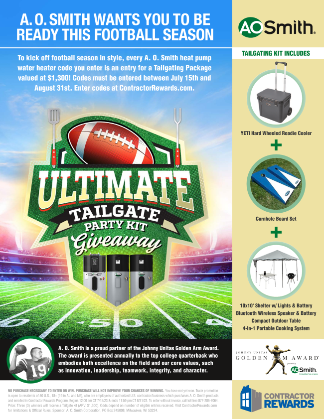A.O. Smith Contractor Rewards Promotion Ultimate Tailgate Giveaway