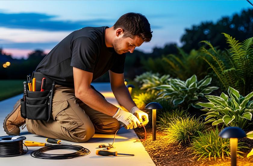 Electrician installing outdoor lights in landscaping