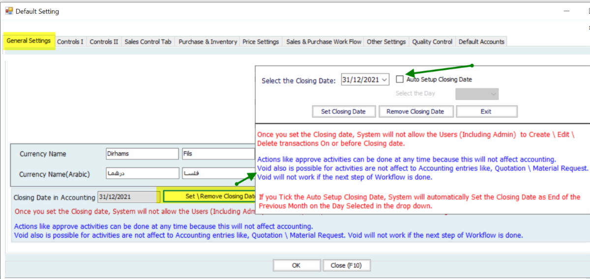 Set Closing Date in Hinawi ERP