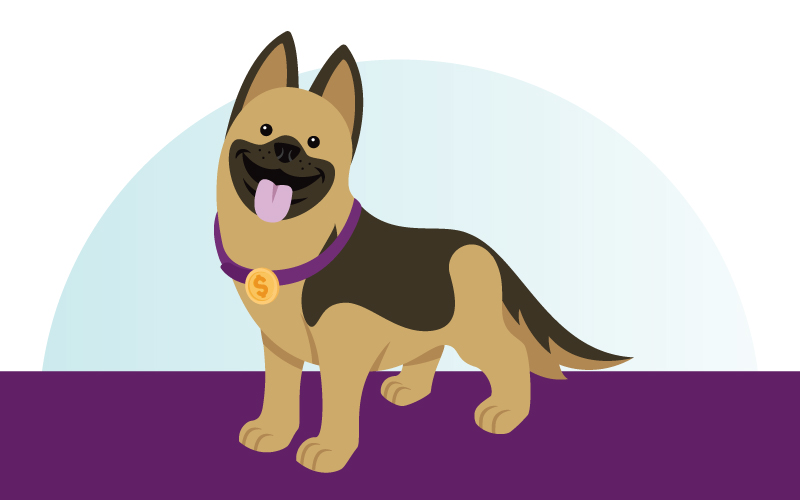 Cartoon mascot Cash, a German Shepherd dog.
