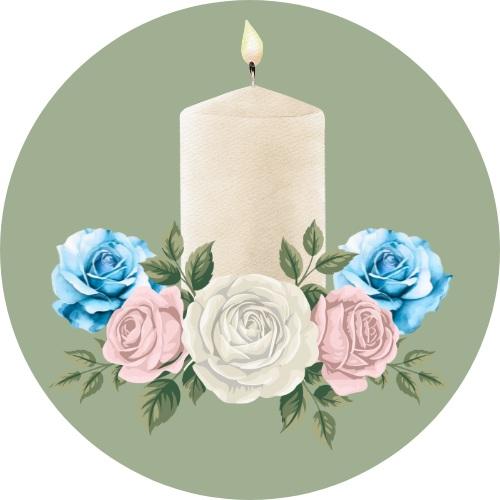 flaming pillar candle surrounded by white pink and blue roses representing the transgender pride flag