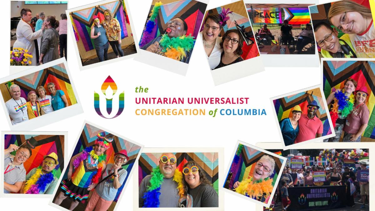 smiling people take photographs together with rainbow paraphernalia in front of progress pride flags