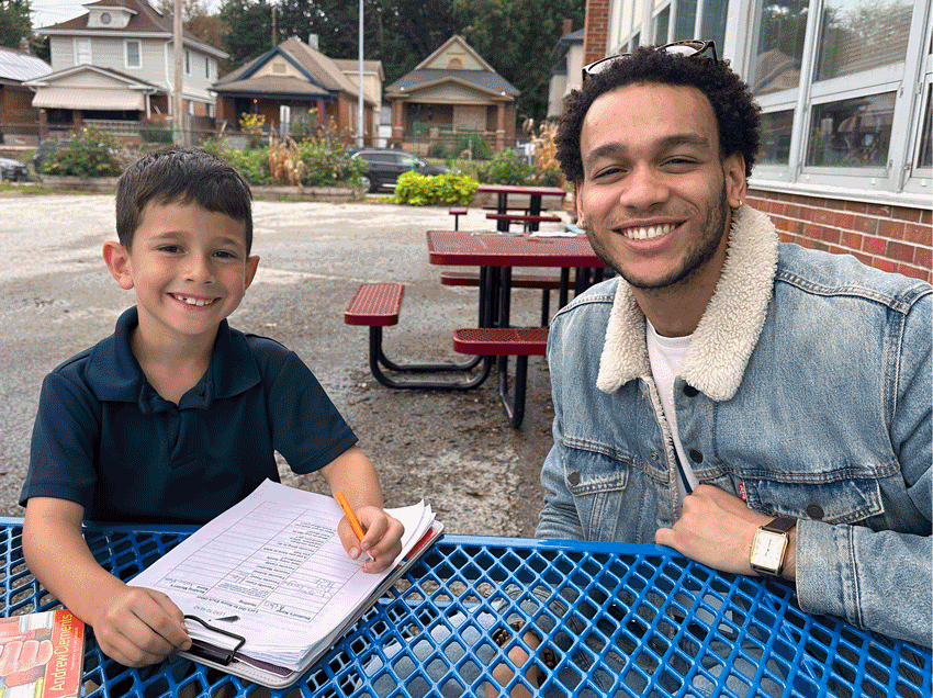 Rotating gif showing Reading Mentors with happy students