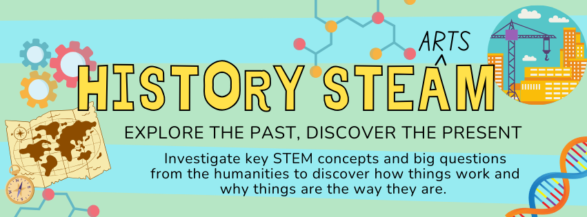 A graphic advertising History STEAM events for kids to explore the past and discover the present.