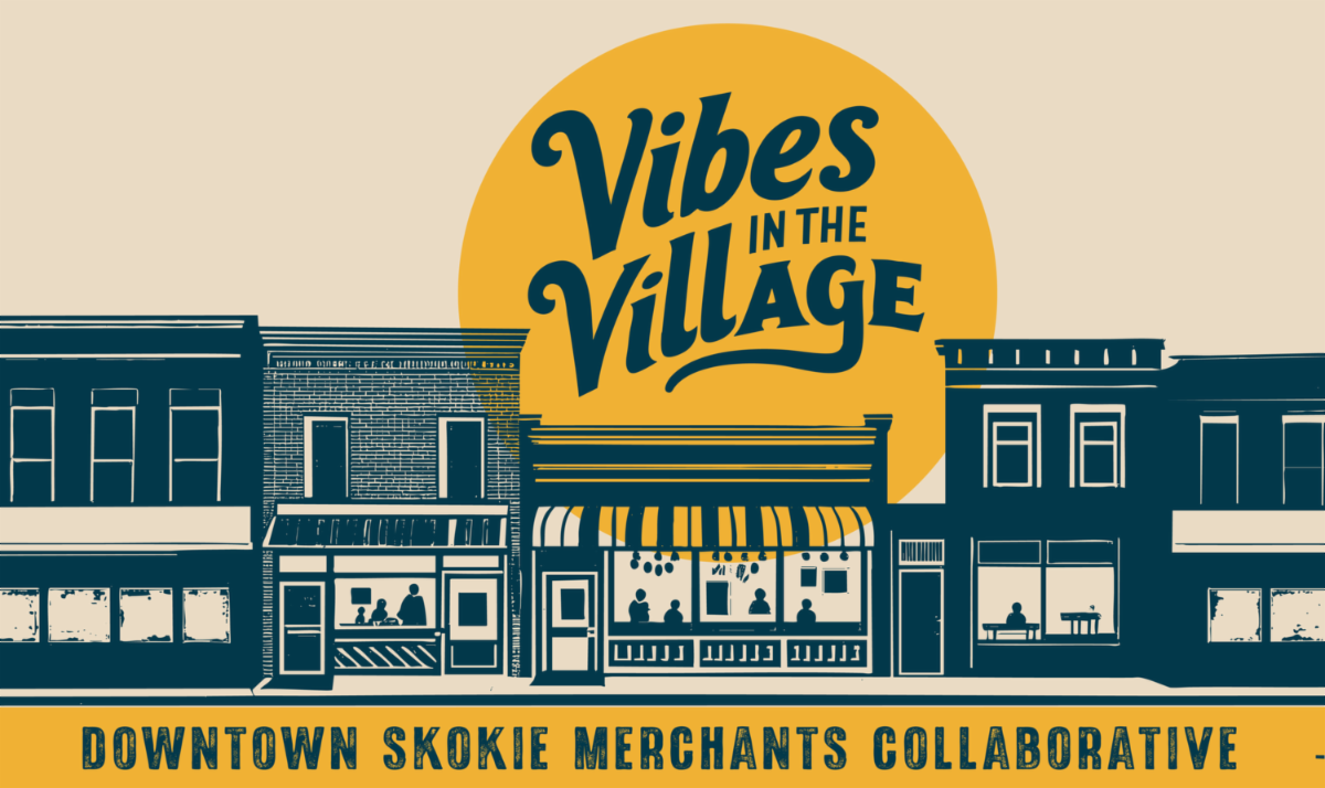 The Downtown Skokie Merchants Collaborative logo which features navy line drawings of storefronts with the words Vibes in the Village in the golden sun centered at top.