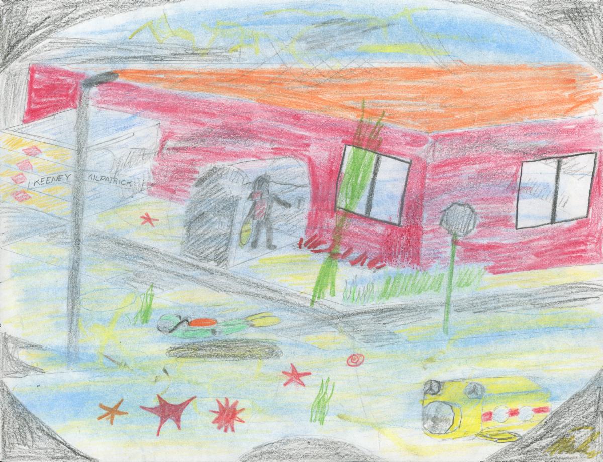 A child's crayon drawing titled Skokie Submerged showing the corner of Keeney and Kilpatrick fully underwater as viewed from inside a submarine. Another submarine is visible driving on the road while a person in scuba gear enters an airlock into a submerged building.