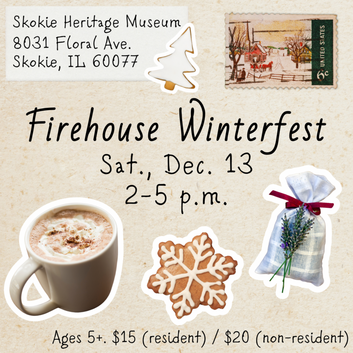 A graphic advertises the Firehouse Winterfest taking place Saturday December 13 2-5 p.m. at the Skokie Heritage Museum.