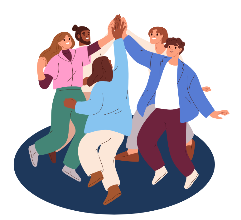 Drawing of a group standing in a circle high fiving each other