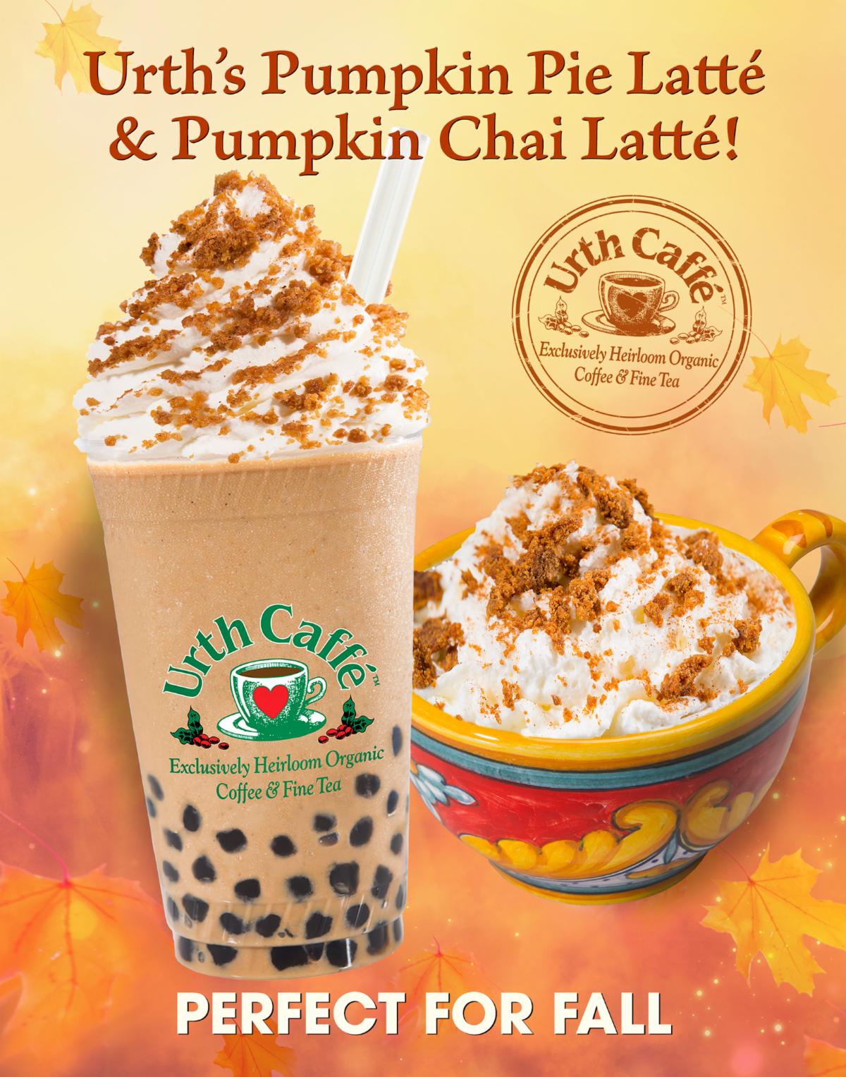 Photo of Urth’s Pumpkin Pie Latté & Pumpkin Chai Latté, on a seasonal Fall colored background, with Urth logo and text.