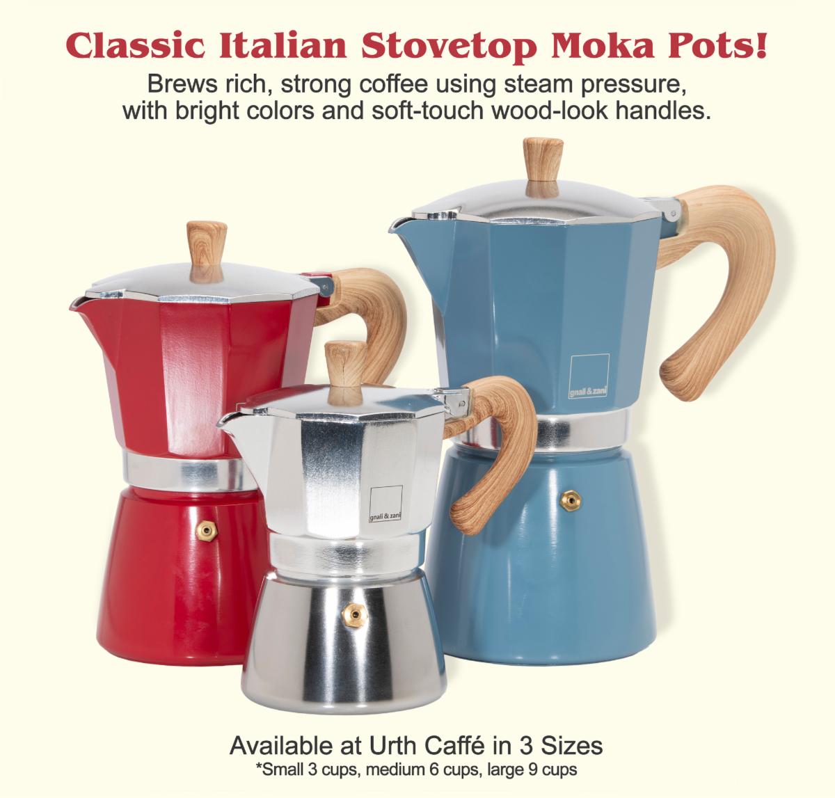 Photo of Classic Italian Stovetop Moka Pots! Brews rich, strong coffee using steam pressure, with bright colors and soft-touch wood-look handles. Available in 3 sizes and colors. Colors shownb are Stainless Steek, red and blue.