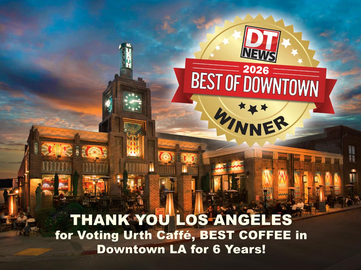 Photo of Urth Caffé in Downtown LA, with the DTLA News Best Coffee of 2026 logo. 
