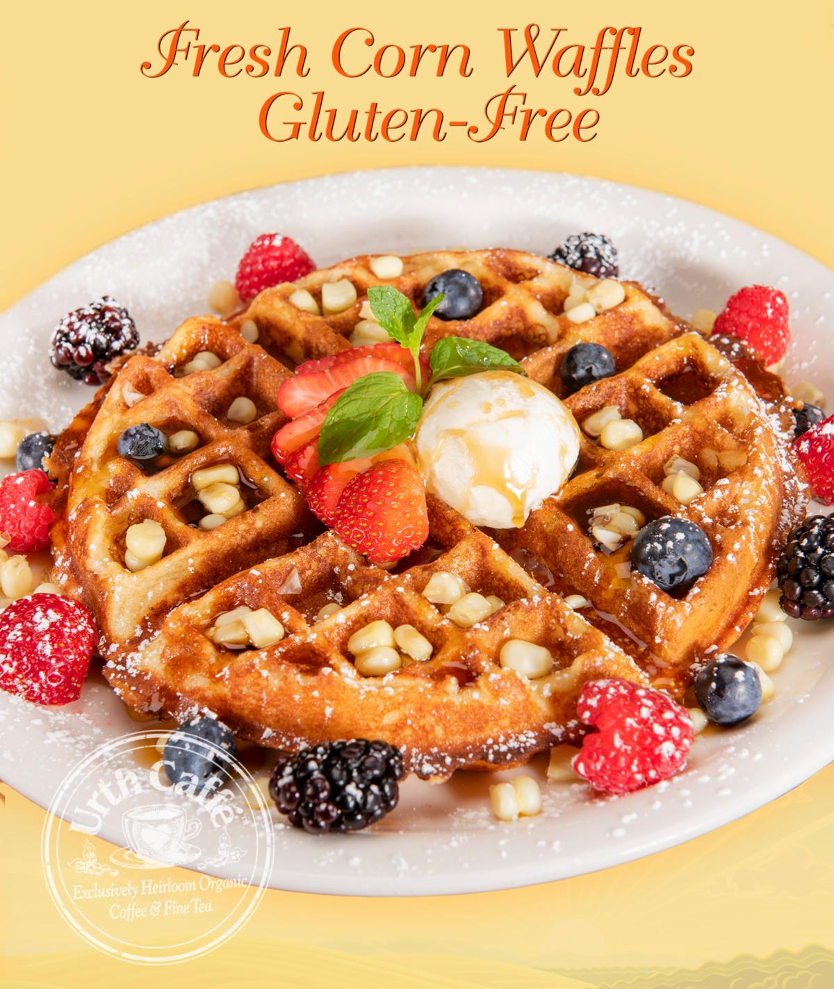 Photo fo Urth Caffé Gluten-Free Corn Waffles on a white ceramic plate with berries.