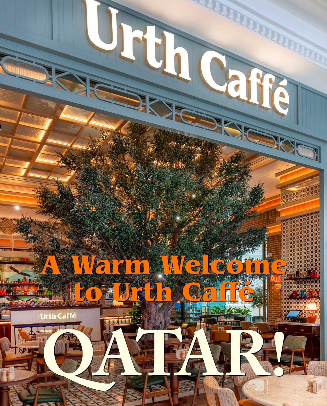 Photo of Urth Caffé in Qatar title photo. With title text & color interior photo.