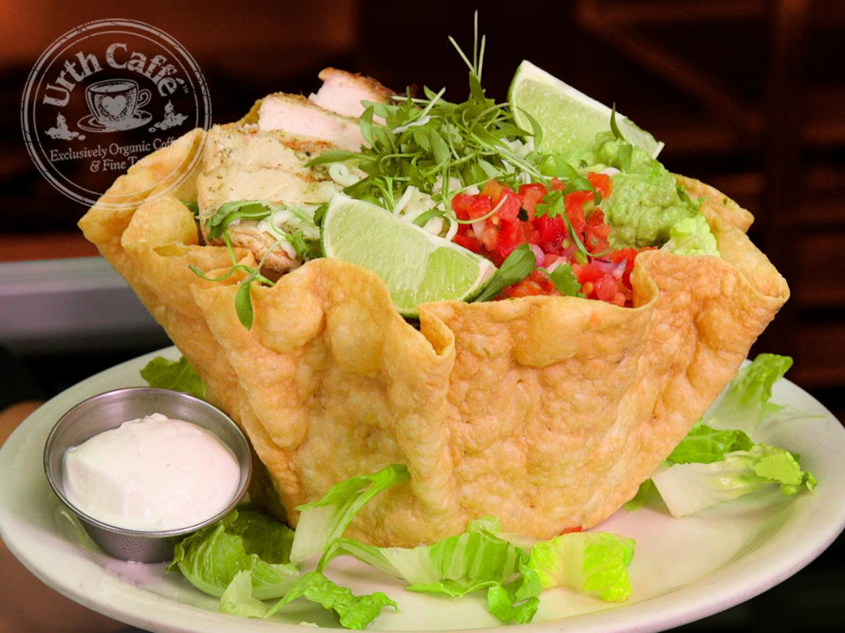 Photo of Urth Caffé Tostada Salad with grilled chicken breast, served with sour cream on a white ceramic plate.